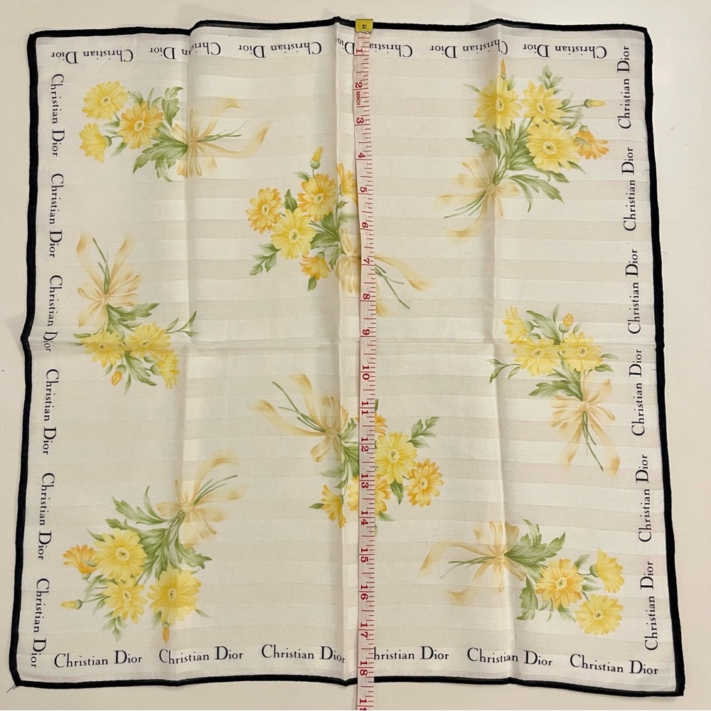 Vtg Christian Dior Yellow Floral Handkerchief - 18x18 Pocket Square - Picture 9 of 9